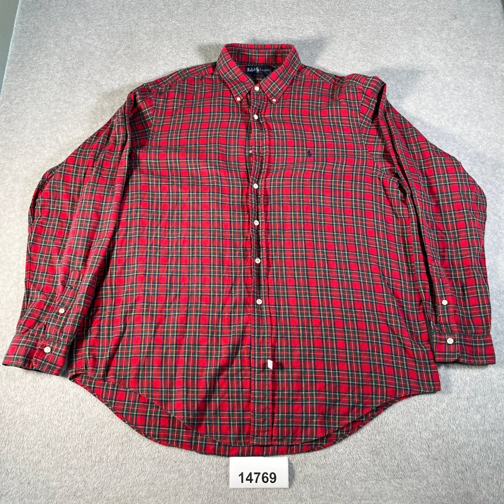 VTG Ralph Lauren Flannel Shirt Mens 2XL Red Plaid Cotton Long Sleeve Button Down
